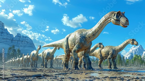 Diplodocus herd walking through rocky terrain under blue sky with clouds. Long-necked dinosaurs with detailed skin texture. Prehistoric scene with mountains and trees in background.