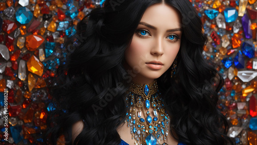 A woman with long black curly hair and blue eyes is standing in front of a colorful background made of shiny gemstones