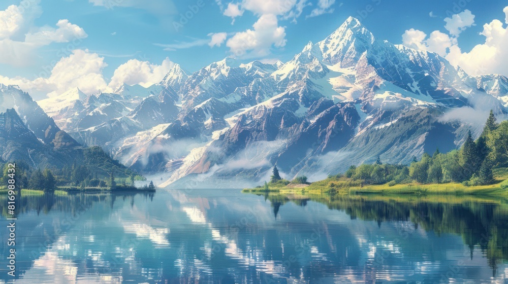 mountain range, with snow-capped peaks reflecting in a tranquil lake below. mountain range, with snow-capped peaks reflecting in a tranquil lake below.