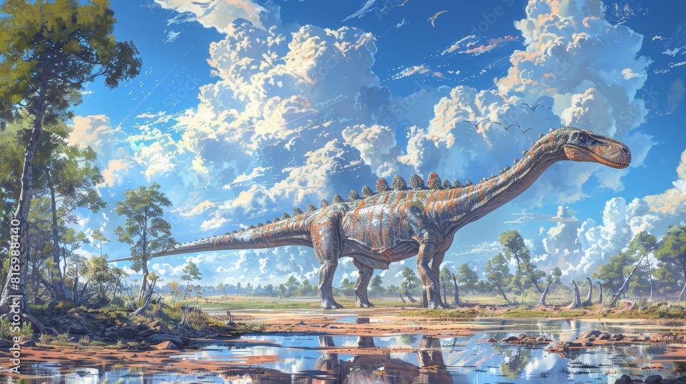 Fototapeta premium Diplodocus walking in lush prehistoric landscape with clear sky and scattered clouds. Long-necked dinosaur with detailed skin textures. Scenic view highlighting natural beauty and ancient wildlife.