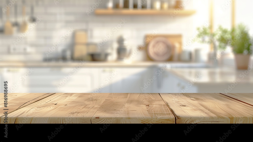Wooden countertop in the foreground with a blurred modern kitchen background featuring white cabinets, hanging utensils, and a potted plant by the window. Wooden countertop in the foreground with a blurred modern kitchen background featuring white cabinets, hanging utensils, and a potted plant by the window.