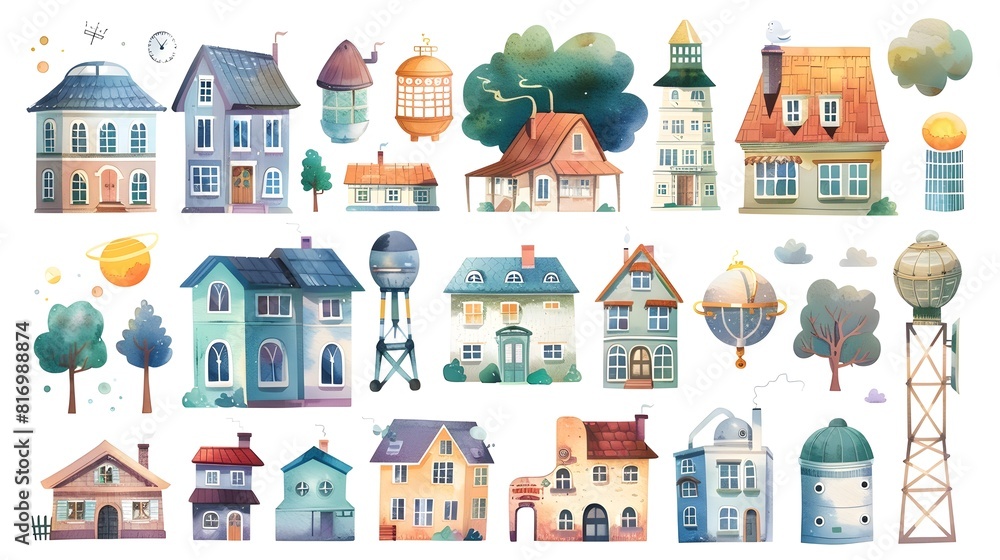 Fototapeta premium Charming Illustrated Neighborhood with Variety of Cozy Residential Homes and Quaint Surroundings