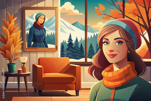 Portrait of a comfortable woman in winter clothes resting on an armchair.