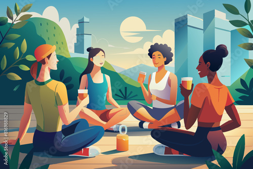 Group of young friends in sportswear sit outside after a yoga class drinking freshly made fruit drinks