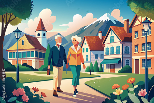 Retirees enjoy a sightseeing walk down the street in the spring. Romantic relationships and retirees vacations.