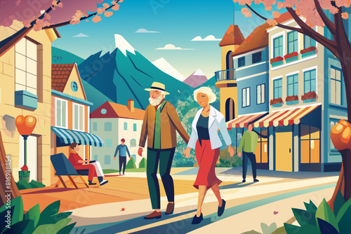 Retirees enjoy a sightseeing walk down the street in the spring. Romantic relationships and retirees vacations.