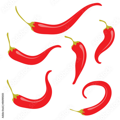 Chili hot pepper icon set. Fresh red chili cayenne peppers. Hot food spices. Sticker print template. Flat design. Isolated on White background.   Vector illustration. EPS 10