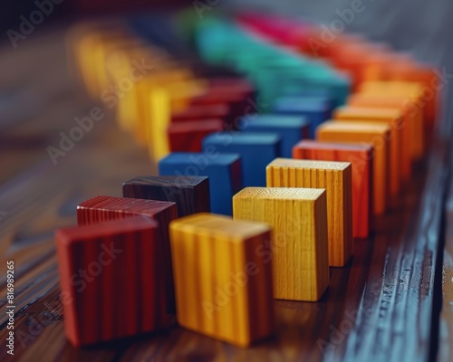 A line of colorful  wooden dominoes falling in a zig-zag pattern  creating a playful visual  golden ratio composition  high detail  8k resolution