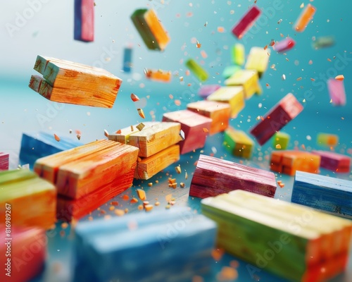 A line of colorful, wooden building blocks falling and scattering, symbolizing the collapse of dreams and aspirations, golden ratio composition, high detail, 8k resolution