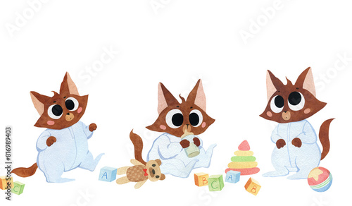Watercolor illustration with three cute kittens in pajamas and toys