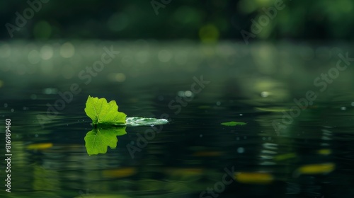 A lone  green leaf floating on the surface of a still pond  rule of thirds composition  sharp focus