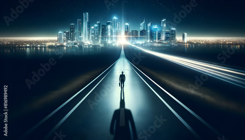 concept of a long journey towards a metropolitan goal, featuring the subtle presence of a businessperson. This image captures the essence of ambition and progress towards urban dreams. photo