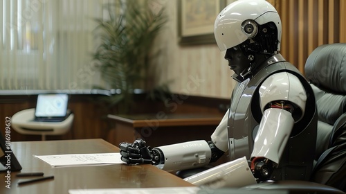 android robot doing paperwork, futuristic AI humanoid technology, replacing people at work making them redundant