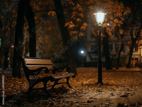 A lonely park bench under a streetlamp, surrounded by fallen leaves. Rule of thirds composition,