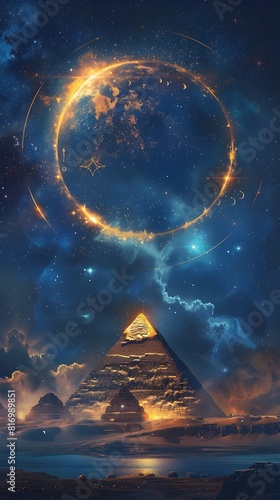 Celestial Orbits Egyptian Pyramids Under a Starry Night in Cosmic Art Style Depicting Eternal Love in the Stars