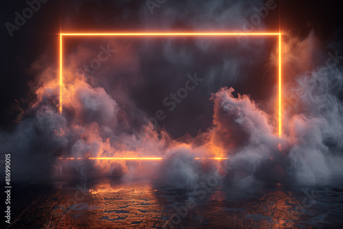 Neon frame sign in the shape of a rectangle with smoke and copy space.