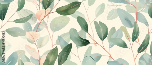 Delicate eucalyptus branches with watercolor leaves and buds. Seamless vector pattern.