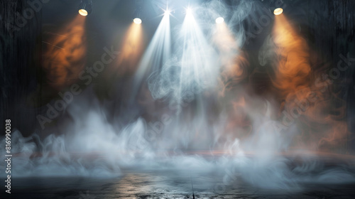A stage with dramatic lighting and thick fog creating a mysterious atmosphere. The scene is illuminated by spotlights casting orange and white beams through the mist.