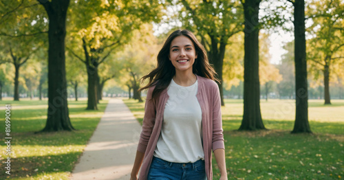 A young woman at the park with bright smile