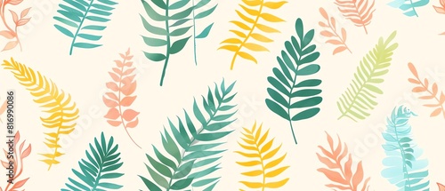 Delicate tropical leaves in pastel colors. Seamless vector pattern.