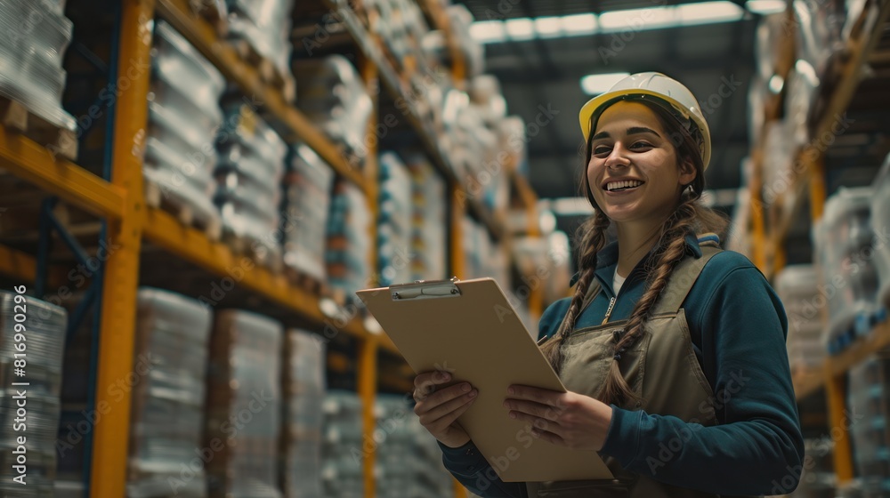 A smiling female warehouse supervisor inspecting inventory A smiling female warehouse supervisor inspecting inventory