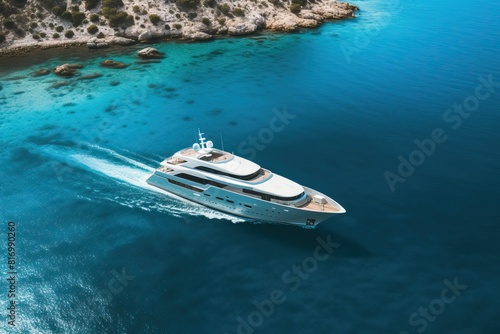 A white boat sailing to the blue sea. Motor boat in the sea. Travel - image. Aerial. © Stavros