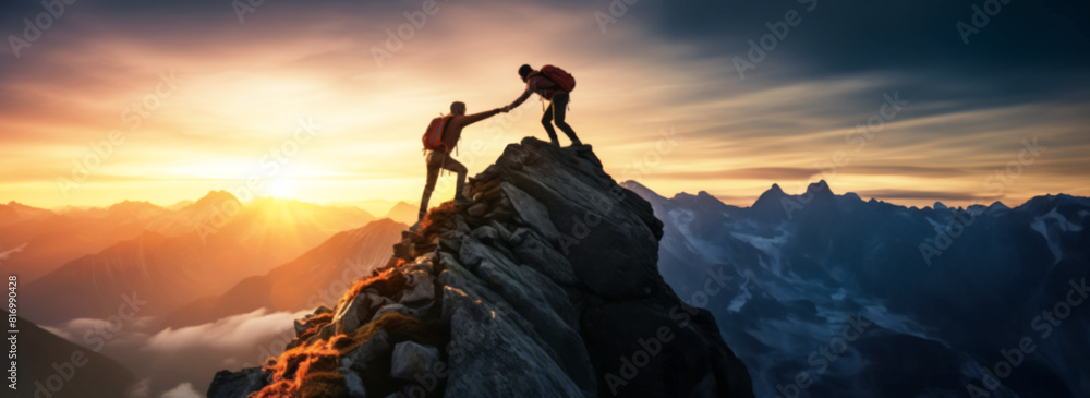 © sirilak - Silhouette people hiker climber helping to hike up, Happy New Year goals for business Cooperation, startup, teamwork and leadership achievement objective target, blurred image background © sirilak - Silhouette people hiker climber helping to hike up, Happy New Year goals for business Cooperation, startup, teamwork and leadership achievement objective target, blurred image background