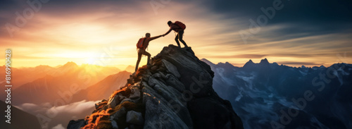Silhouette people hiker climber helping to hike up, Happy New Year goals for business Cooperation, startup, teamwork and leadership achievement objective target, blurred image background