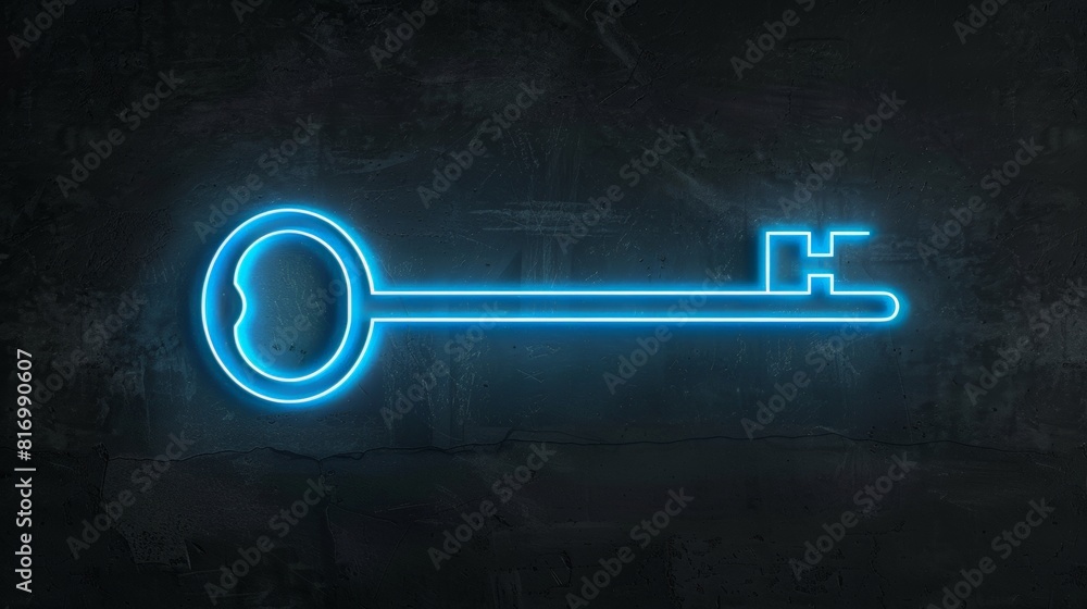 A minimalistic outline of a key with a single, blue neon line tracing ...