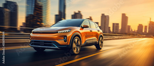 This image captures a vibrant and dynamic scene of an electric SUV in motion