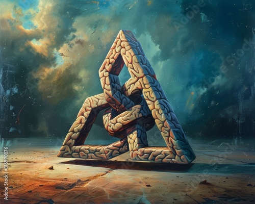 A Penrose triangle with brain-shaped sides, representing the impossibility and paradox of some mental constructs, rule of thirds composition, high detail photo