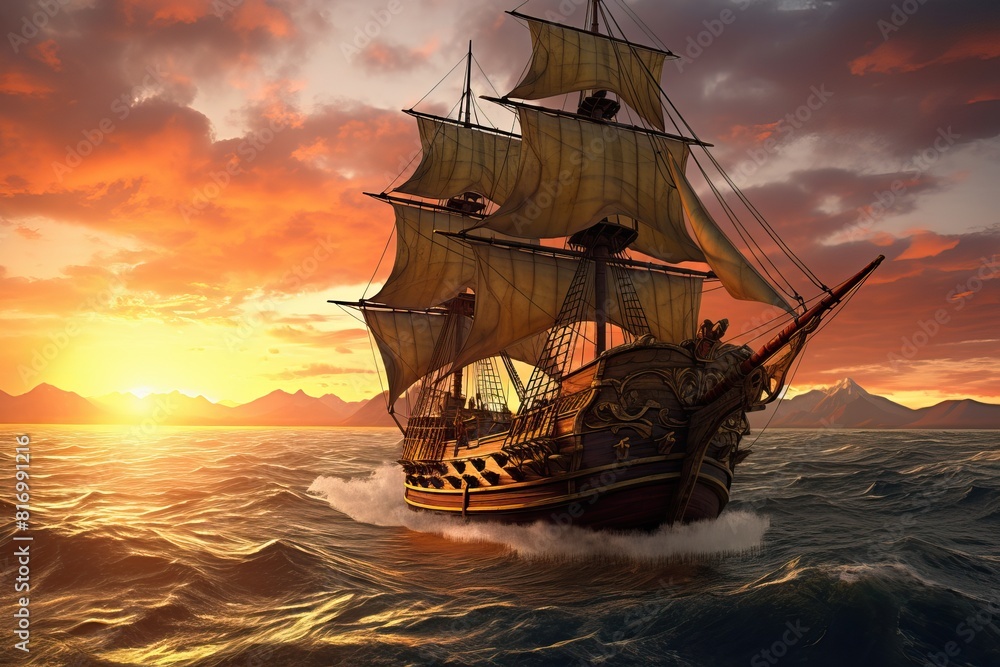 Obraz premium Small sailing ship in the open sea at sunset. Navigation in the 17th century.