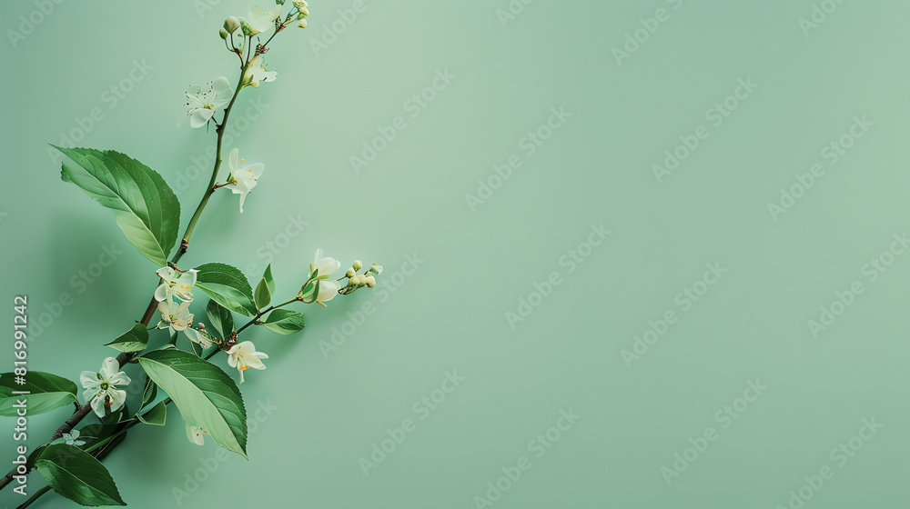 Minimalistic Banner with Green Leaves and White Flowers on Mint Background