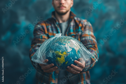 Hands holding planet earth wrapped in plastic. The concept plastic pollution of the Earth. © erika8213