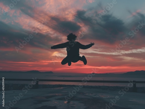 A person s silhouette jumping in front of a breathtaking  unexpected view.