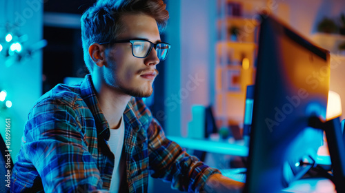 A young man wearing glasses and a plaid shirt works intently on a computer in a dimly lit, modern workspace, illuminated by blue and orange lights. photo