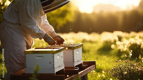 The beekeeper works in the apiary, takes care of the bees, checking the hive. A beekeeper's veil protects them from stings as they tend to the precious honeybees. photo
