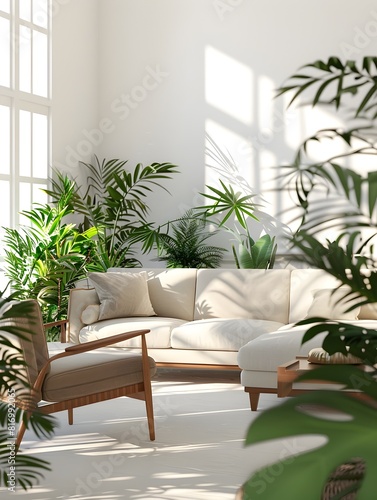 Spacious SunDrenched Living Area Embodying Serene Scandinavian Design with Houseplants © Bos Amico