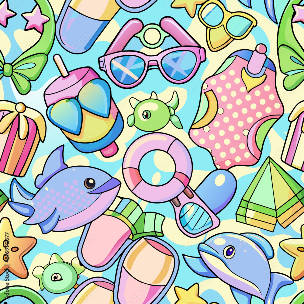 Summer seamless pattern with beach accessories and marine elements - stylish design. Summer seamless pattern with beach accessories and marine elements - stylish design.