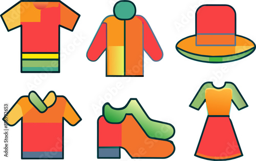 Set of clothing icons - t-shirt, jacket, hat, sweater, shoes, dress.