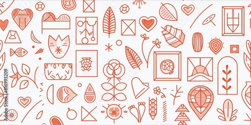 a modern line art pattern of geometric shapes and lines, in shades or warm coral on white background, including flowers, hearts, leaves, squares, triangles, dots, curves photo