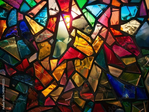 A shattered, stained glass window with colorful shards catching the light, creating a kaleidoscopic effect, rule of thirds composition, crisp edges photo