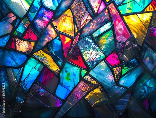 A shattered, stained glass window with colorful shards catching the light, creating a kaleidoscopic effect, rule of thirds composition, crisp edges © ishootgood