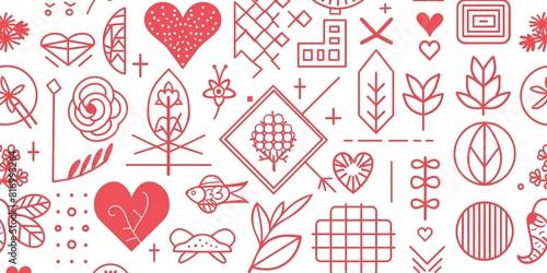a modern line art pattern of geometric shapes and lines, in shades or warm pink on white background, including flowers, hearts, leaves, squares, triangles, dots, curvess photo