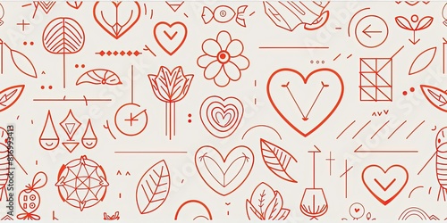 a modern line art pattern of geometric shapes and lines, in shades or warm coral on white background, including flowers, hearts, leaves, squares, triangles, dots, curves photo