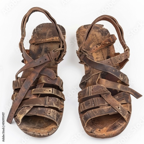 Pair of brown Roman sandals on a clean white background