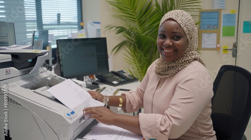 Muslim woman in hijab in a modern office with printer. This Muslim woman's presence in the modern office reflects diversity and progress.