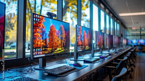 A computer lab with rows of computers and monitors, representing the integration of technology into modern education and the digital learning opportunities available to students.illustration