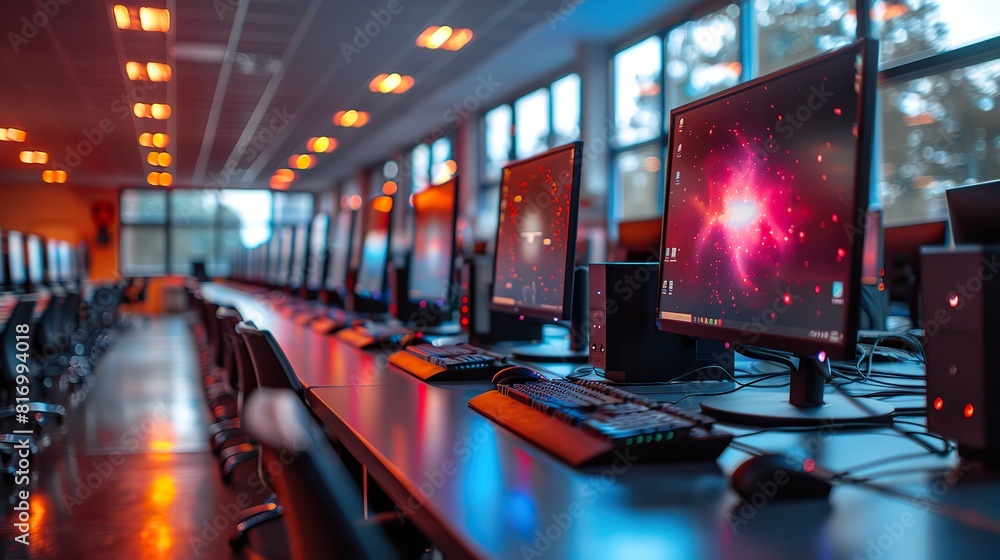 A computer lab with rows of computers and monitors, representing the integration of technology into modern education and the digital learning opportunities available to students.stock image A computer lab with rows of computers and monitors, representing the integration of technology into modern education and the digital learning opportunities available to students.stock image