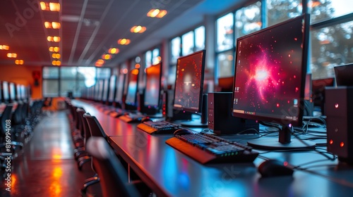 A computer lab with rows of computers and monitors, representing the integration of technology into modern education and the digital learning opportunities available to students.stock image